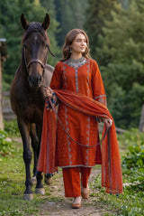 Zahra Rubab Rust 4 Piece Embroidered Lawn Suit with Mirror Work