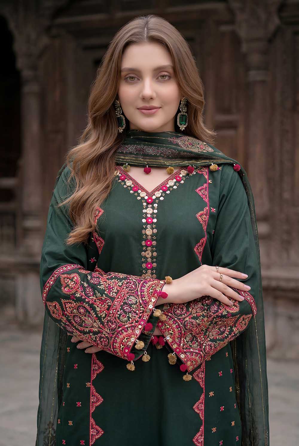 Zahra Rubab Forest Green 4 Piece Embroidered Lawn wear