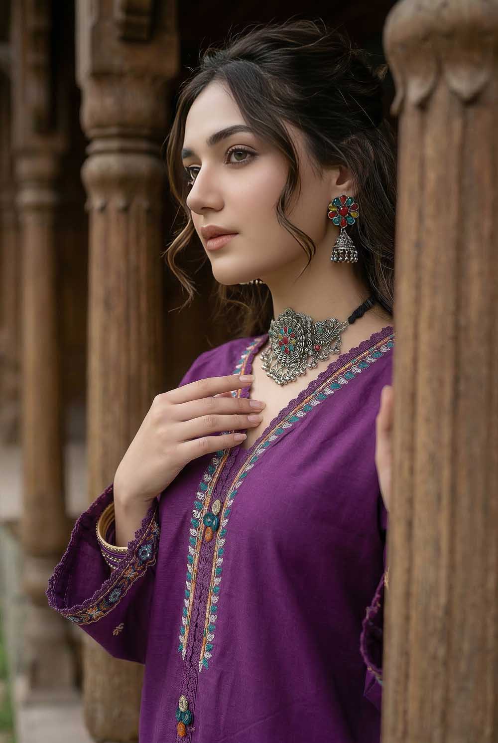 Pakistani brand Zahra Rubab ZR-2628 Purple embroidered lawn suit with hand painted doria dupatta in canada