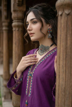 Pakistani brand Zahra Rubab ZR-2628 Purple embroidered lawn suit with hand painted doria dupatta in canada