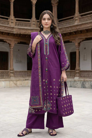 Zahra Rubab ZR-2628 Purple embroidered lawn suit with hand painted doria dupatta canada