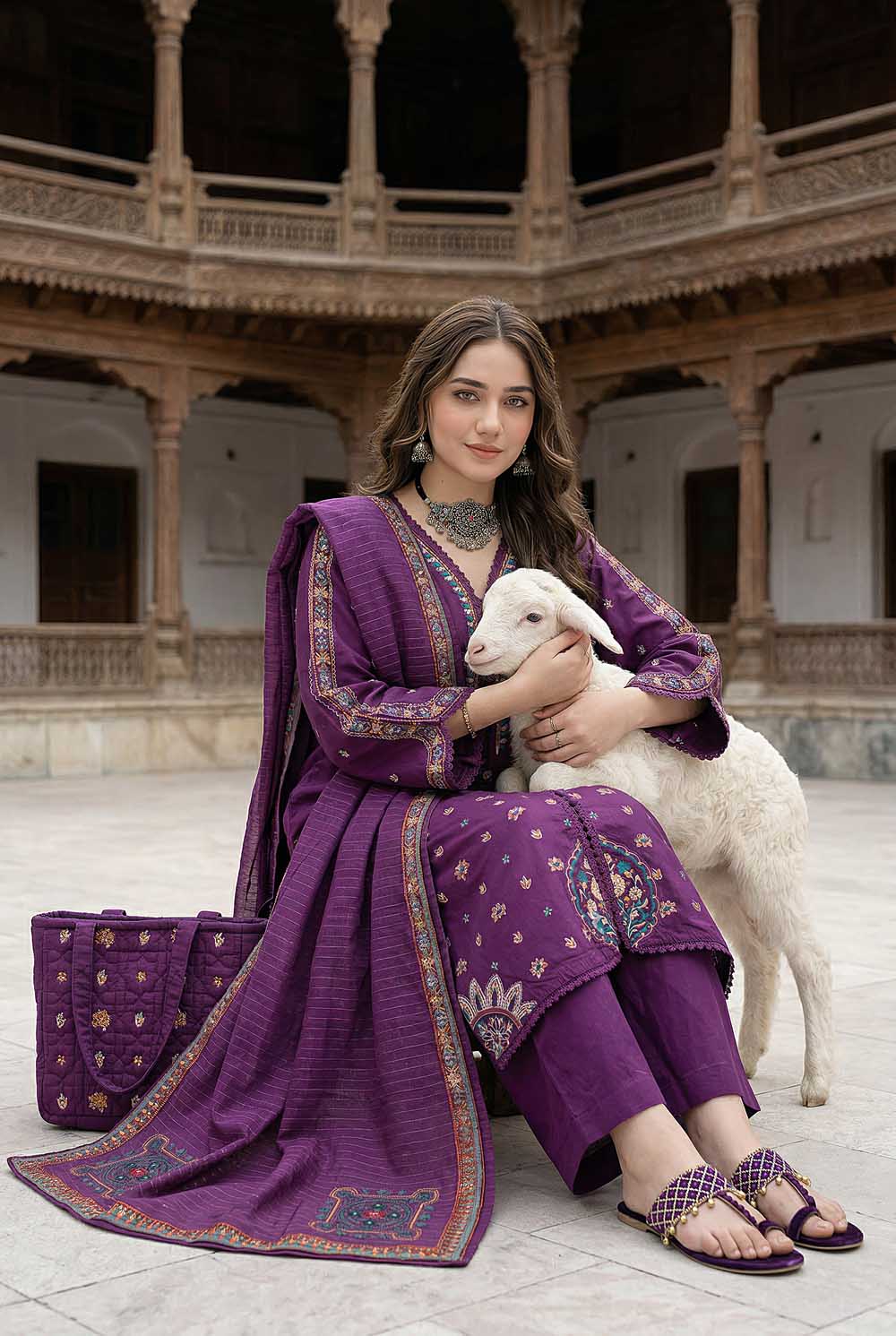 Zahra Rubab ZR-2628 Purple embroidered lawn suit with hand painted doria dupatta canada