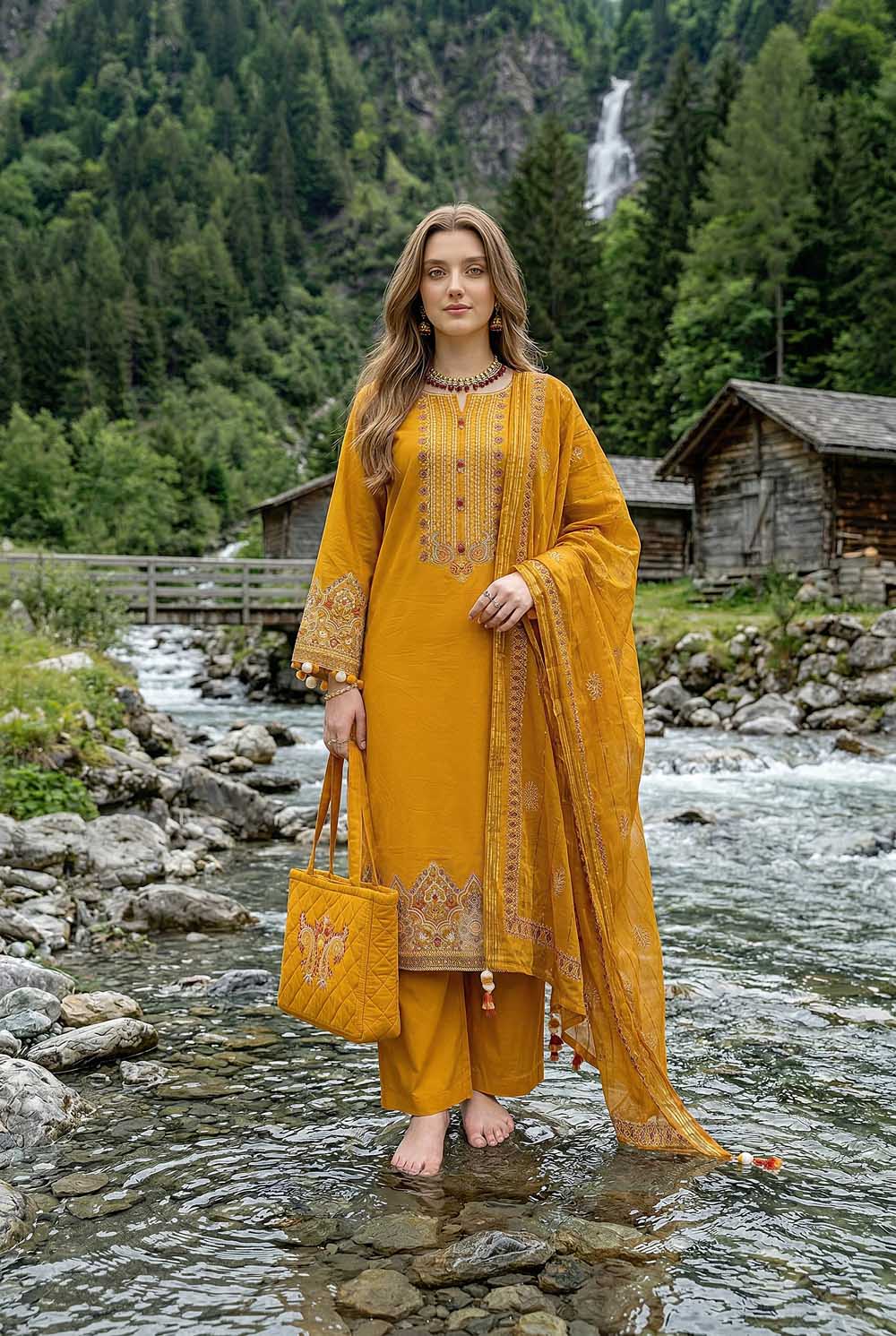 Zahra Rubab Mustard 4 Piece Embroidered Lawn Wear