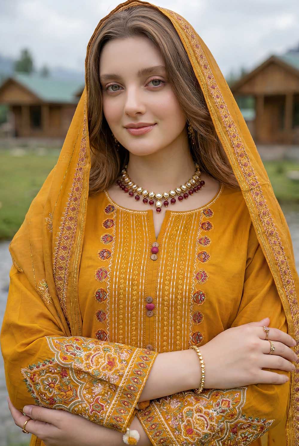 Zahra Rubab Mustard 4 Piece Embroidered Lawn Wear