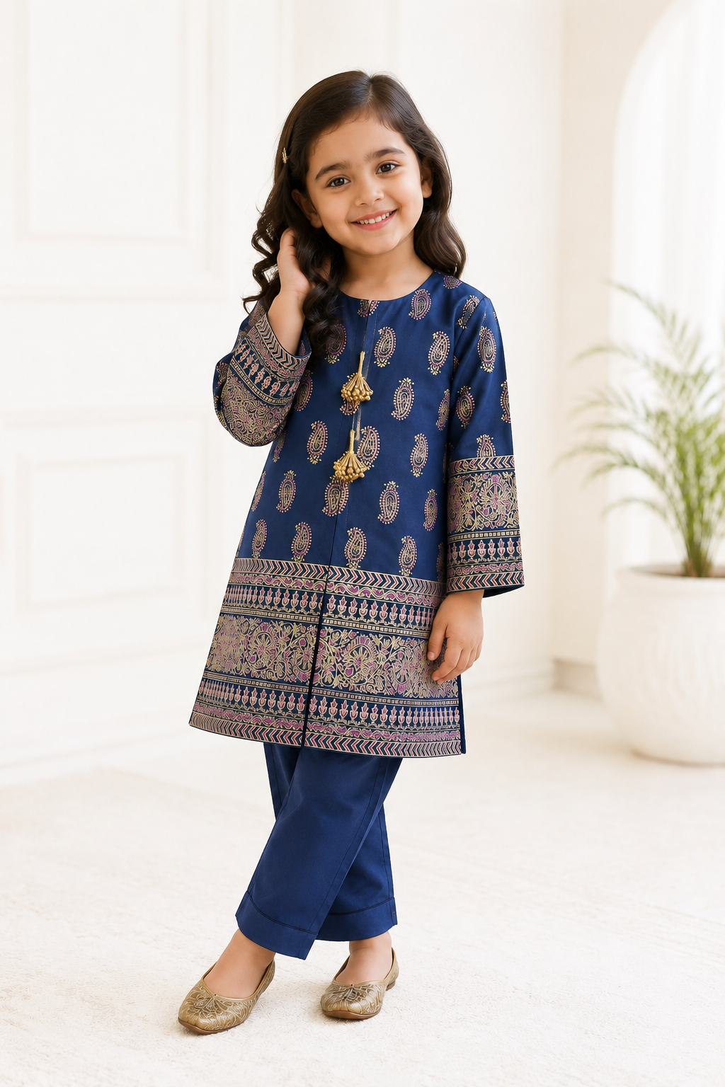 Girls blue printed cotton outfit by Baby Choice featuring front tassels and ethnic border detailing.