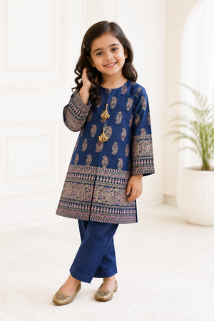 Girls blue printed cotton outfit by Baby Choice featuring front tassels and ethnic border detailing.