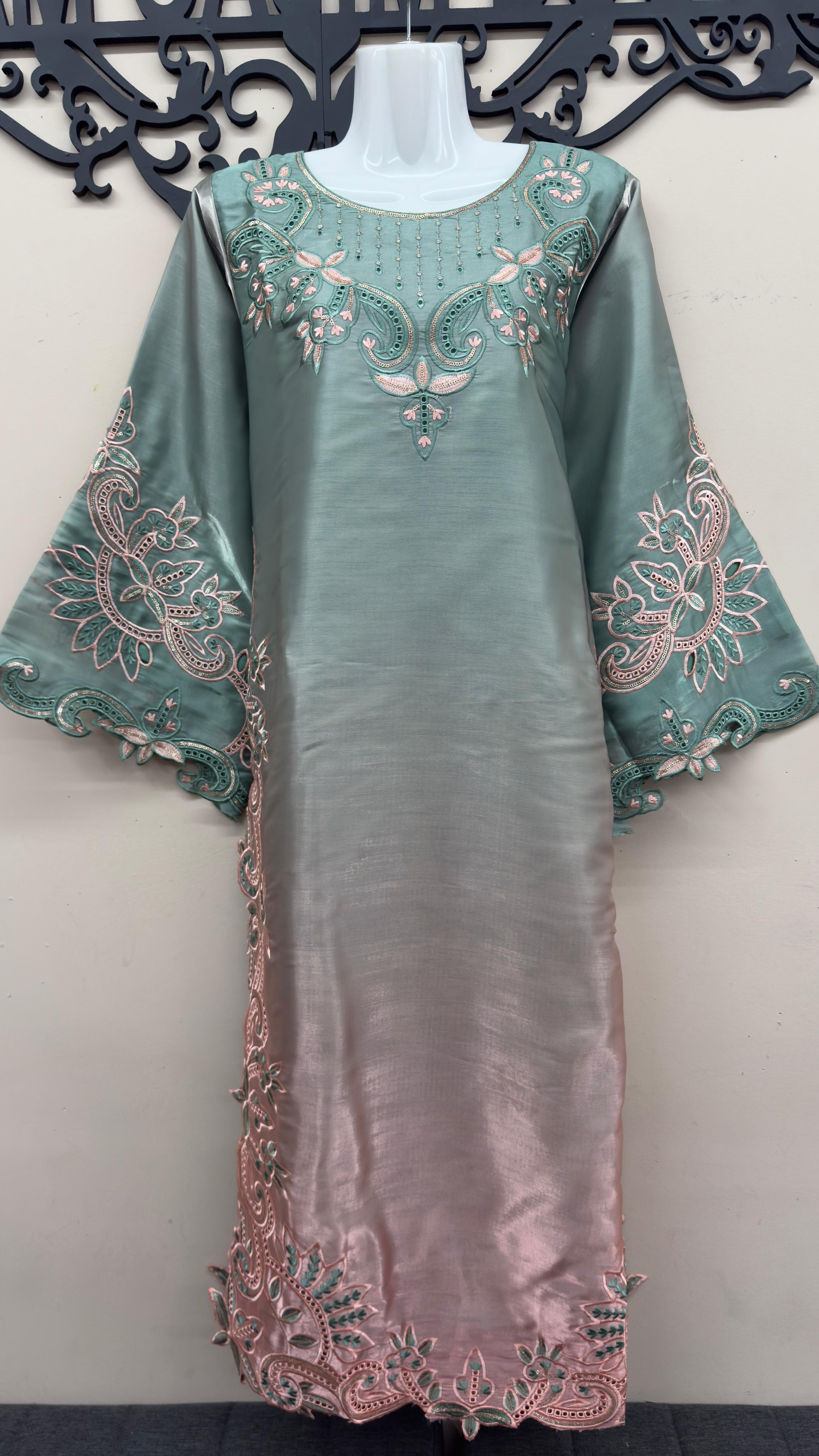 pink aqua green Pakistani embroidered suit
