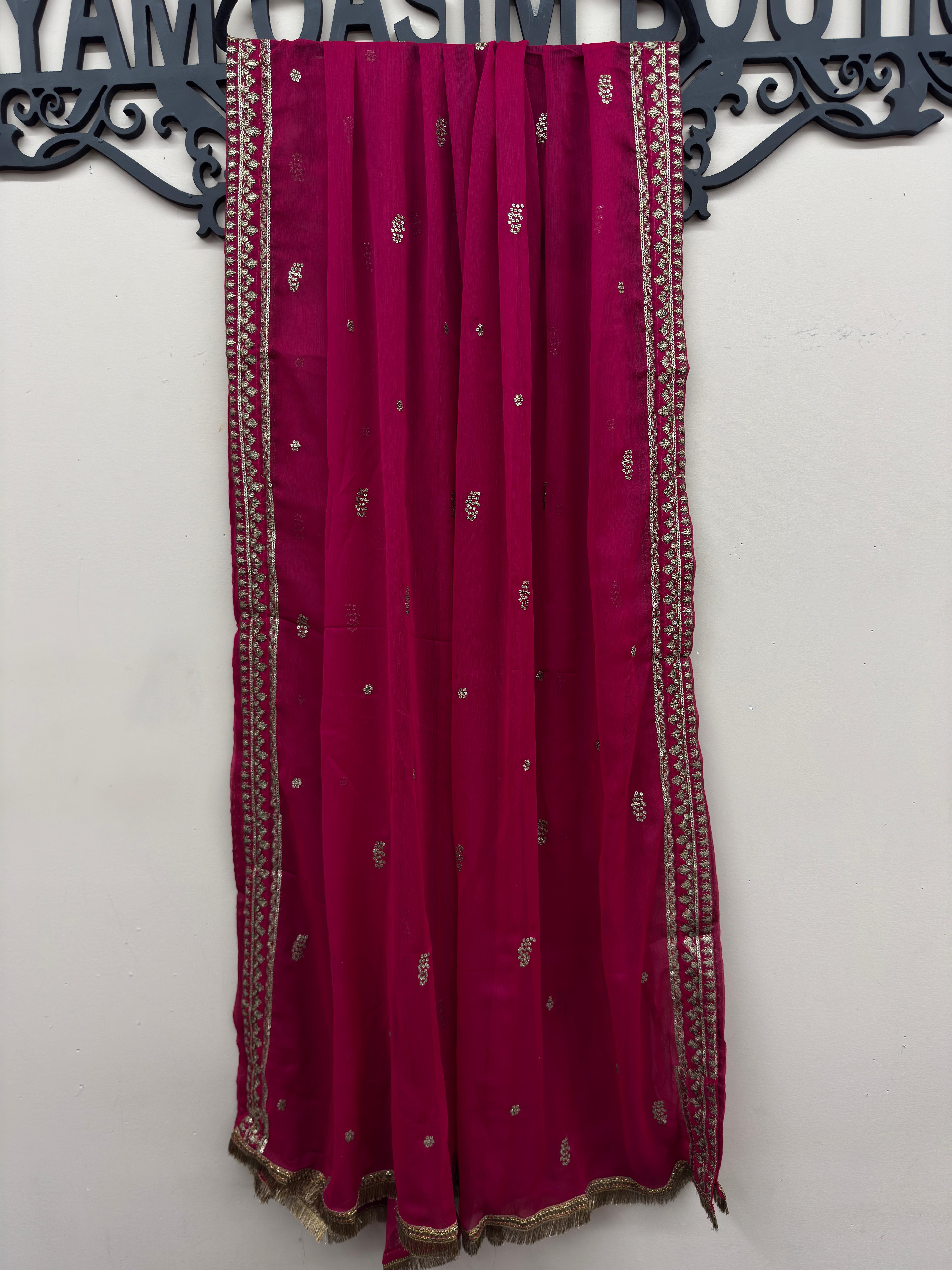 Luxury deep pink 3 piece embroidered maxi dress with matching trousers and embellished dupatta by Maryam Qasim Boutique, elegant Pakistani formal wear for weddings, Eid, parties, and festive occasions in Canada