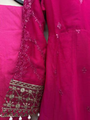 Luxury deep pink 3 piece embroidered maxi dress with matching trousers and embellished dupatta by Maryam Qasim Boutique, elegant Pakistani formal wear for weddings, Eid, parties, and festive occasions in Canada
