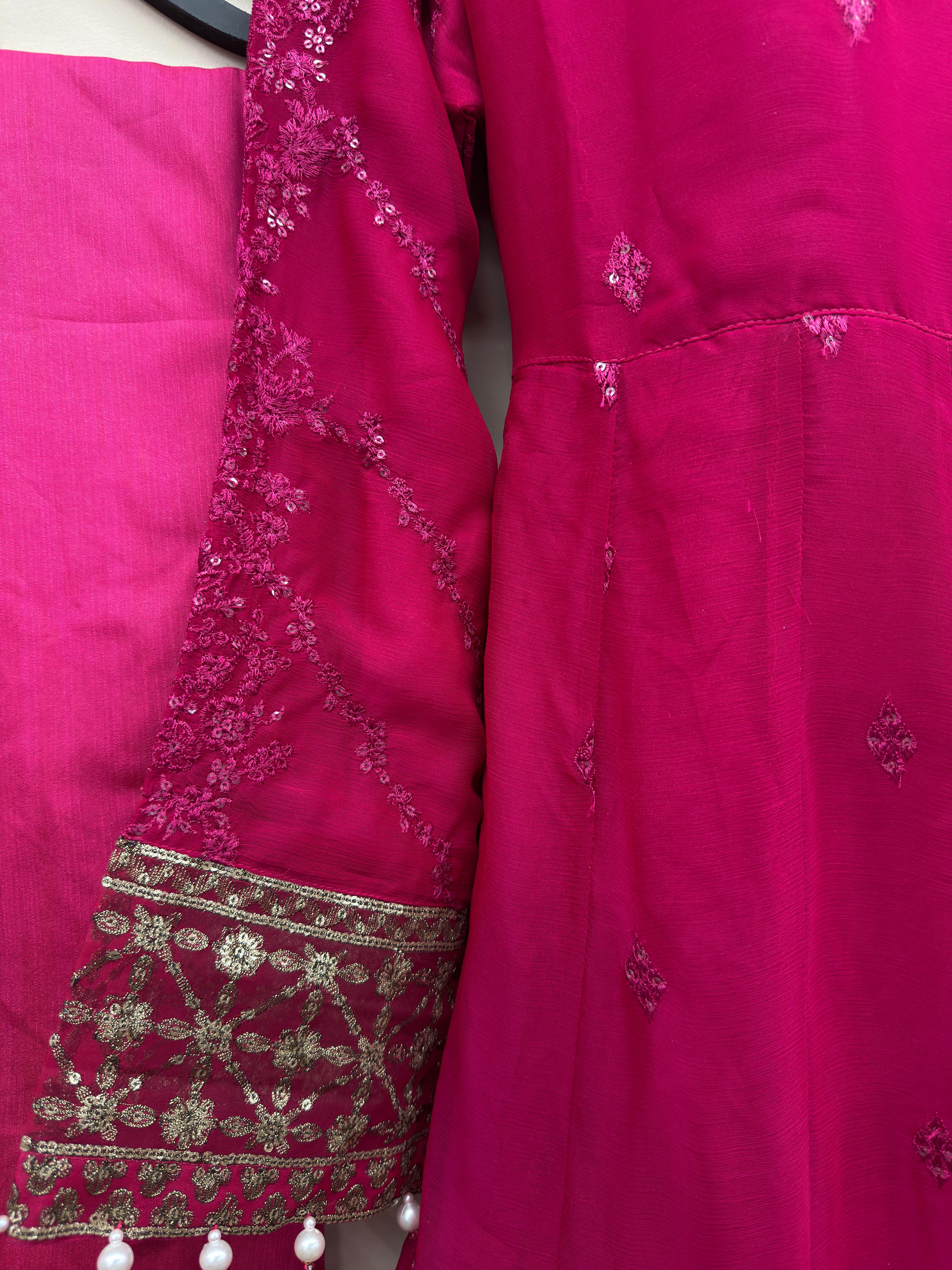 Luxury deep pink 3 piece embroidered maxi dress with matching trousers and embellished dupatta by Maryam Qasim Boutique, elegant Pakistani formal wear for weddings, Eid, parties, and festive occasions in Canada