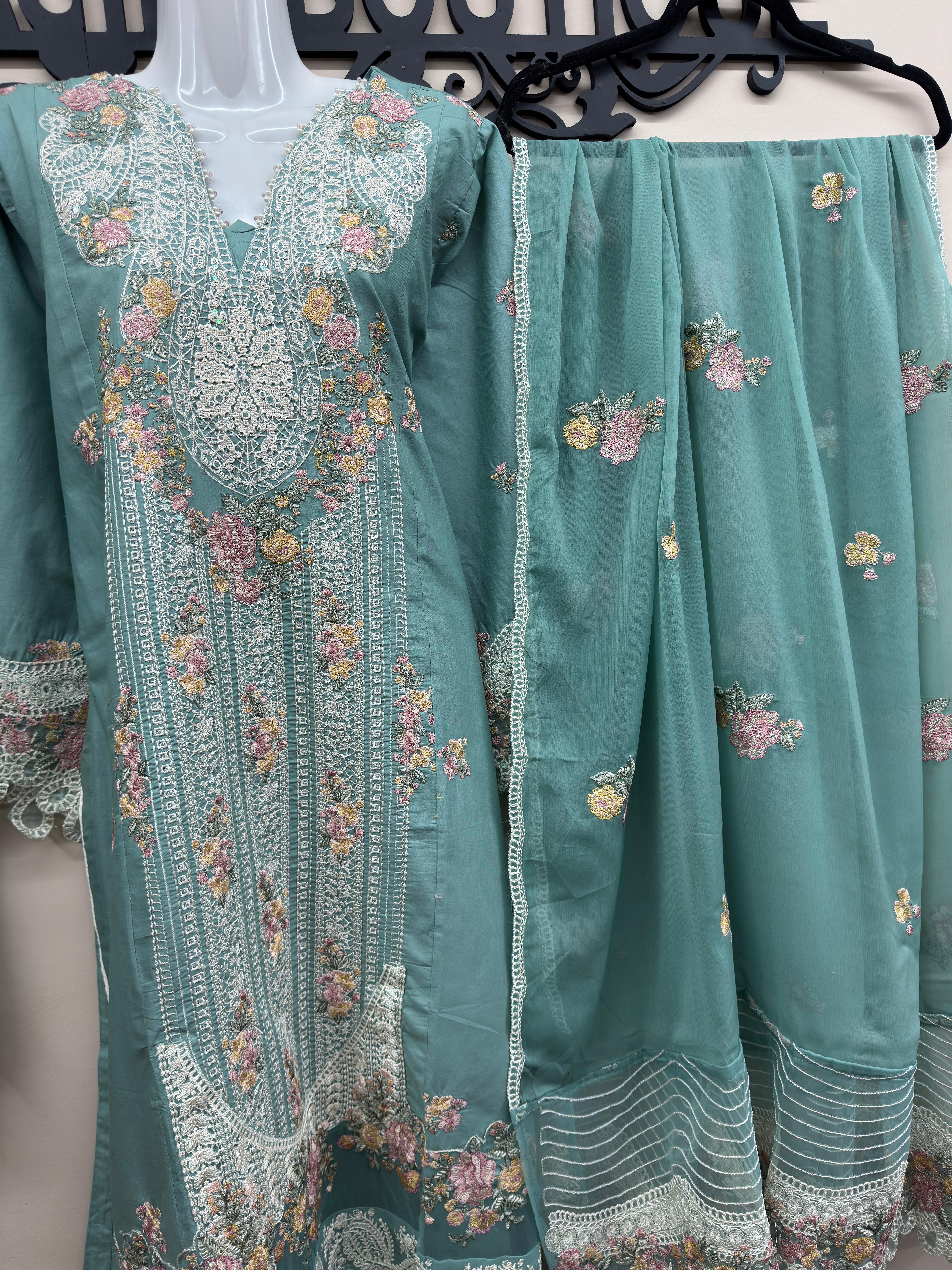 embroidered cotton 3 piece Pakistani suit with chiffon embroidered dupatta and cotton trousers