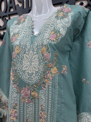 embroidered cotton 3 piece Pakistani suit with chiffon embroidered dupatta and cotton trousers