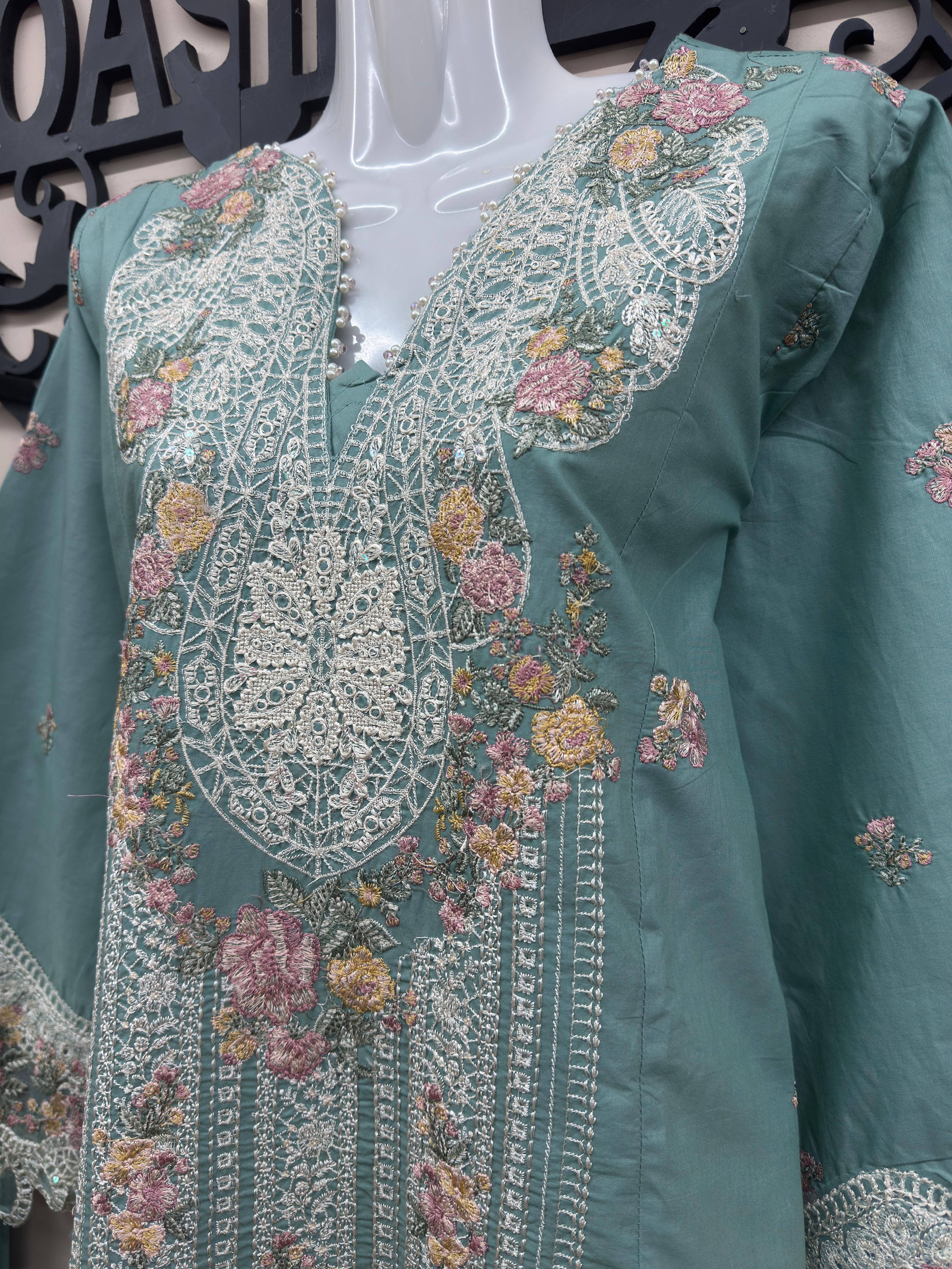 embroidered cotton 3 piece Pakistani suit with chiffon embroidered dupatta and cotton trousers