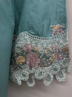 embroidered cotton 3 piece Pakistani suit with chiffon embroidered dupatta and cotton trousers