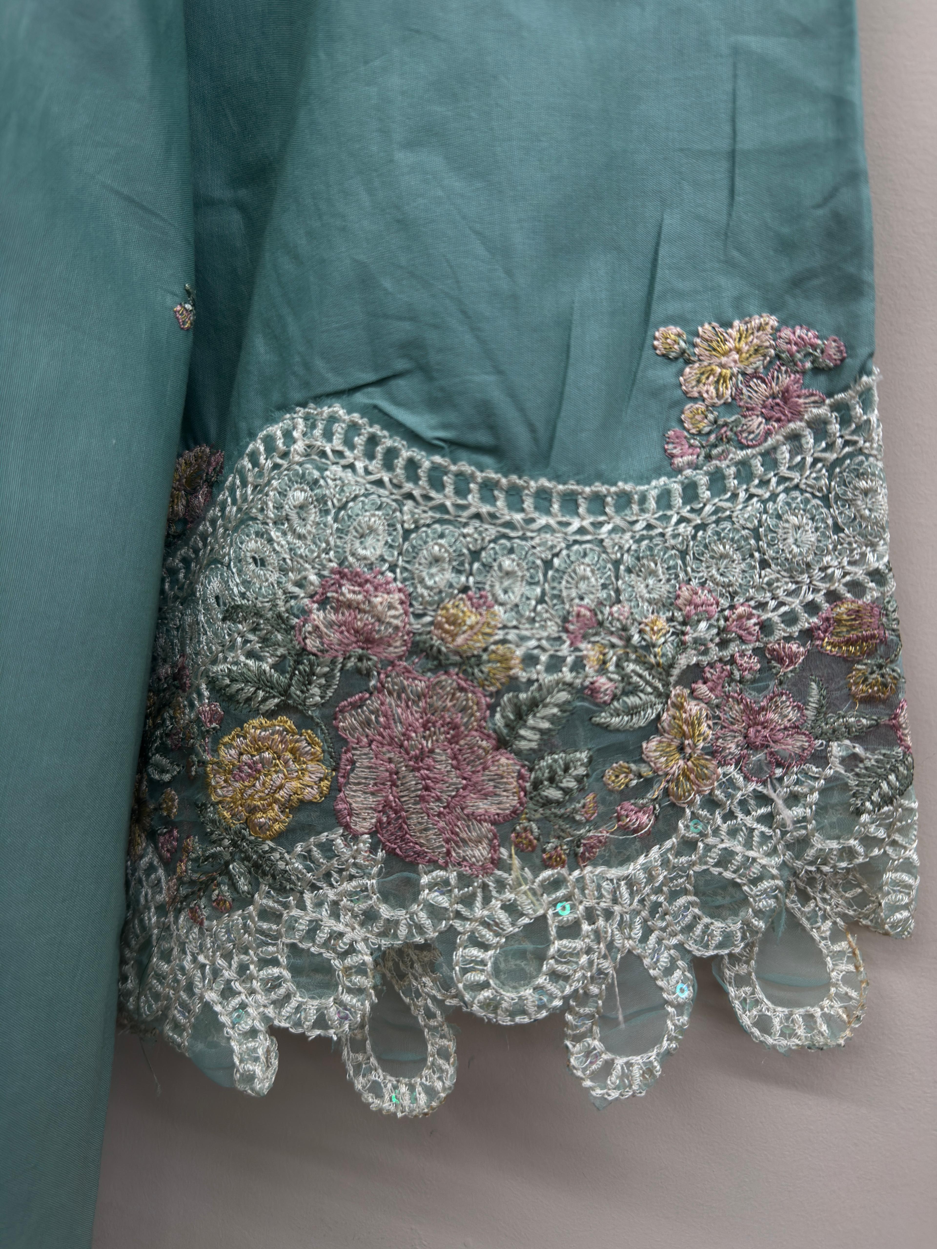 embroidered cotton 3 piece Pakistani suit with chiffon embroidered dupatta and cotton trousers