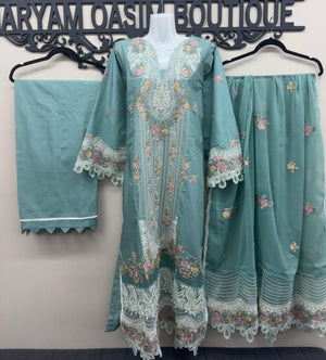 embroidered cotton 3 piece Pakistani suit with chiffon embroidered dupatta and cotton trousers