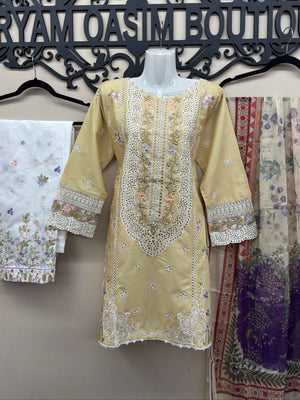 Beige embroidered cotton 3 piece Pakistani suit with embroidered shalwar and voile zari dupatta