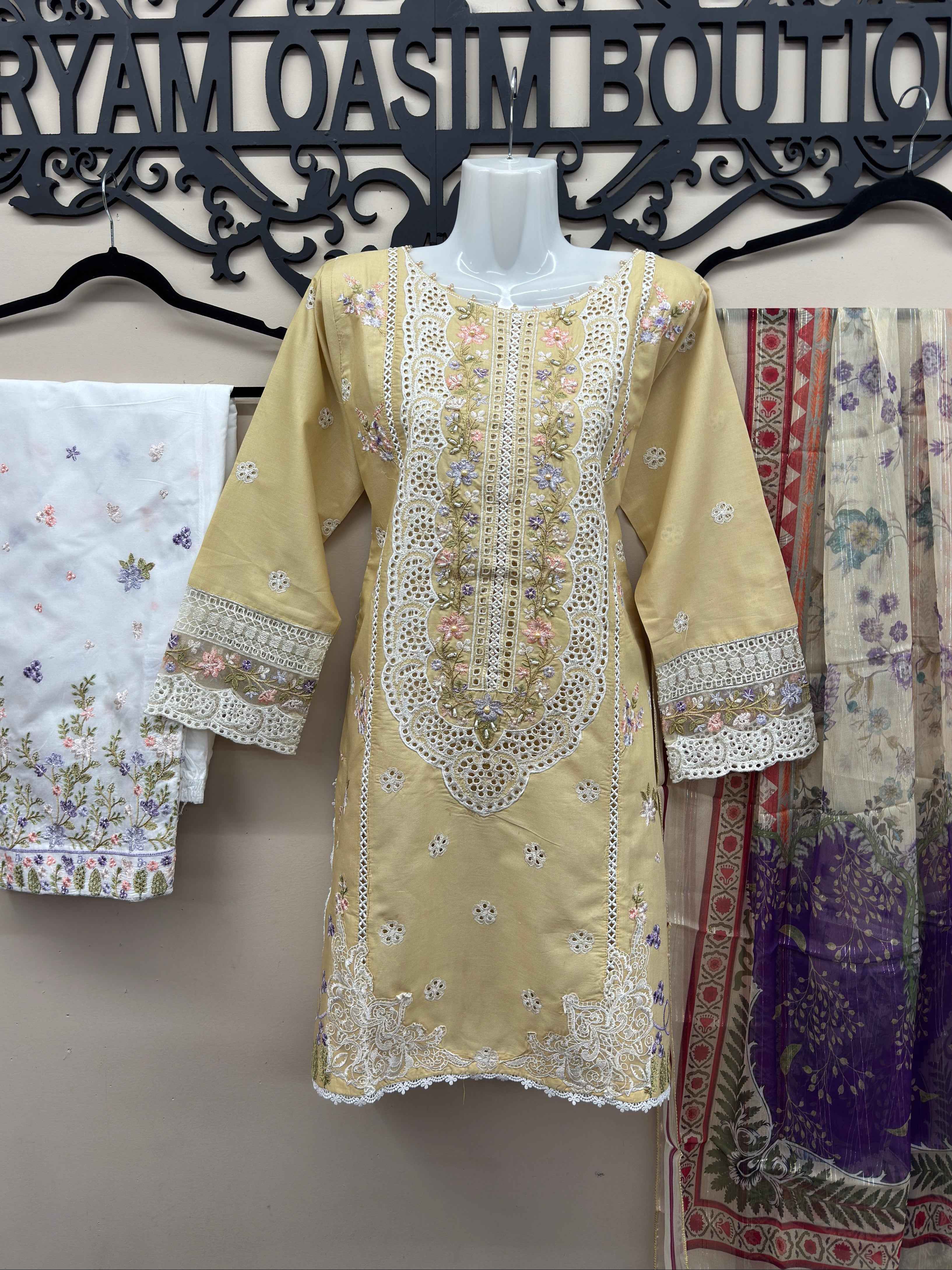 Beige embroidered cotton 3 piece Pakistani suit with embroidered shalwar and voile zari dupatta