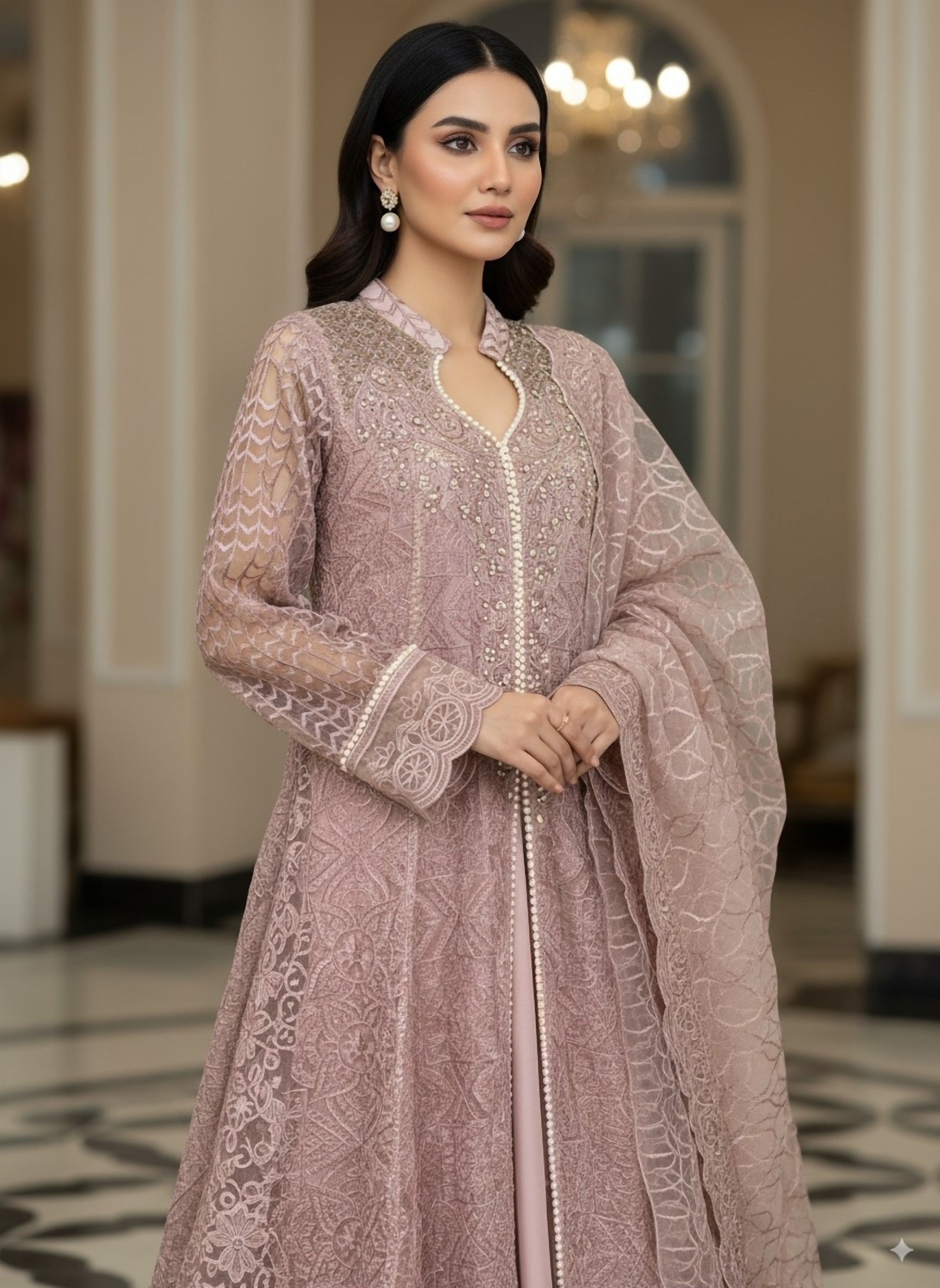 Elegant Rose Gold Pakistani Formal Embroidered 3 Piece Dress