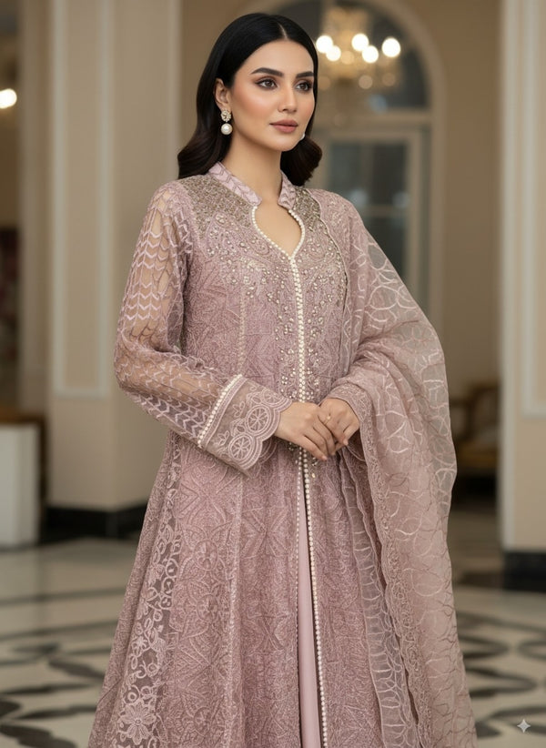 Elegant Rose Gold Pakistani Formal Embroidered 3 Piece Dress