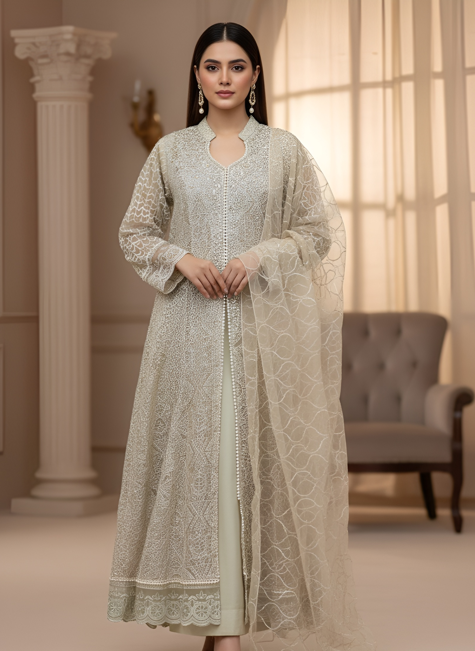 Luxury Pakistani Formal Net Embroidered 3 Piece Outfit