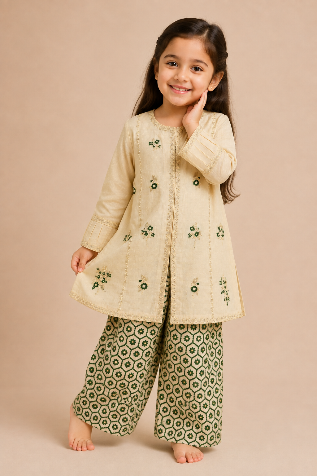 Premium embroidered cream girls 2 piece lawn outfit with fancy printed palazzo in Canada.
