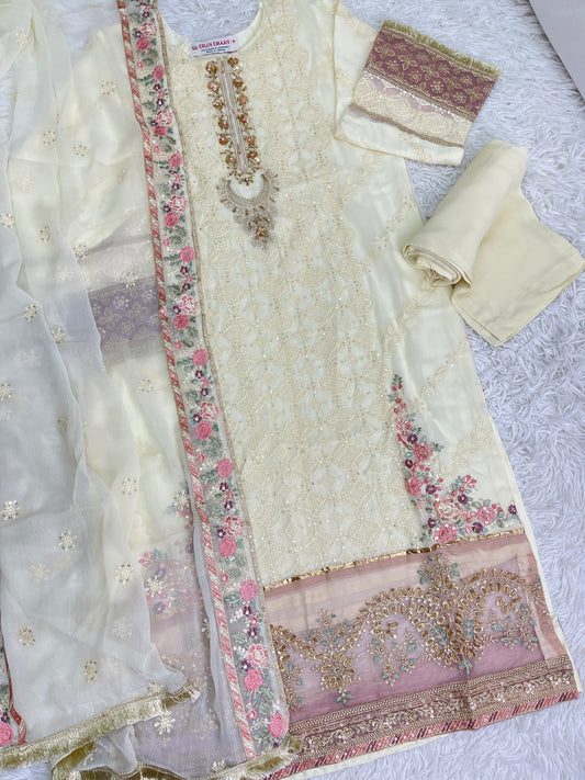 3PC Fancy Cream Outfit with Embroidery