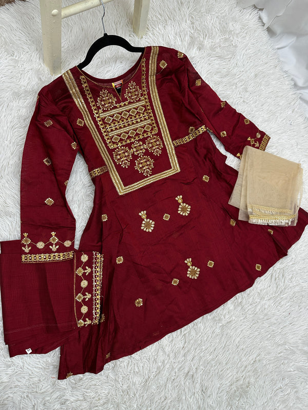 Girl’s Festive Maroon Cotton Outfit 7+