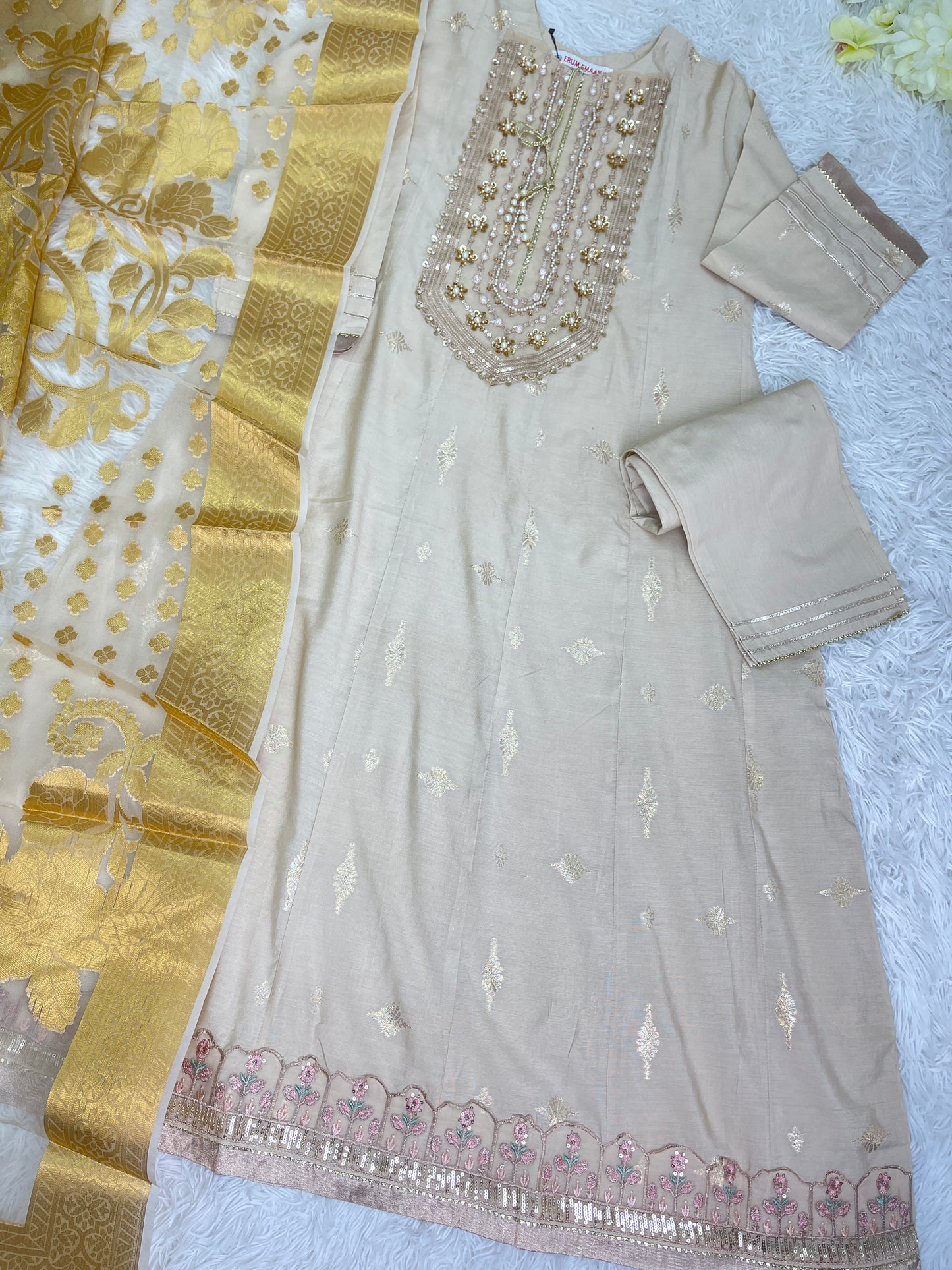 Cotton Long Cream Maxi Dress 3PC