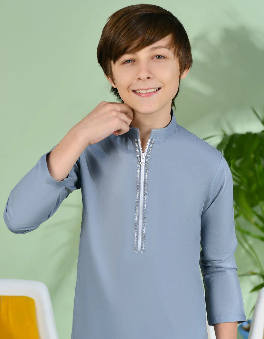 Boys’ Ash Grey Cotton Kurta Pajama – J. Junaid Jamshed