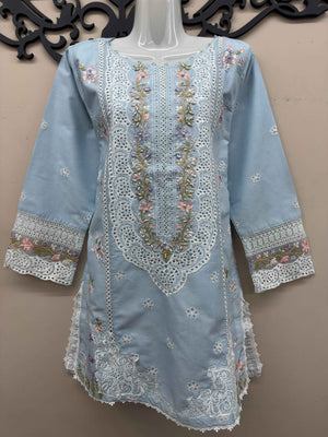 light blue embroidered cotton 3 piece Pakistani suit with embroidered shalwar and voile zari dupatta