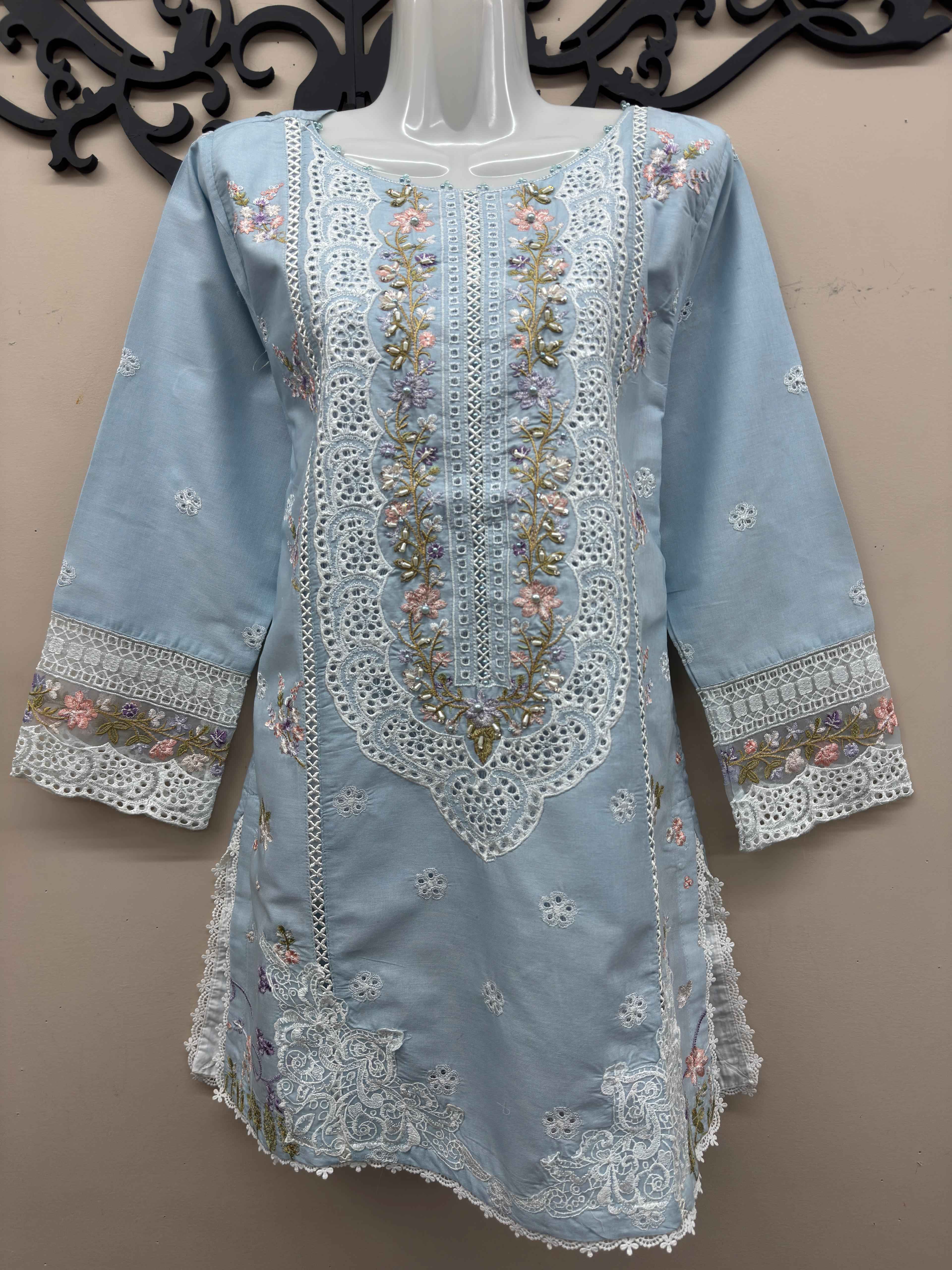light blue embroidered cotton 3 piece Pakistani suit with embroidered shalwar and voile zari dupatta