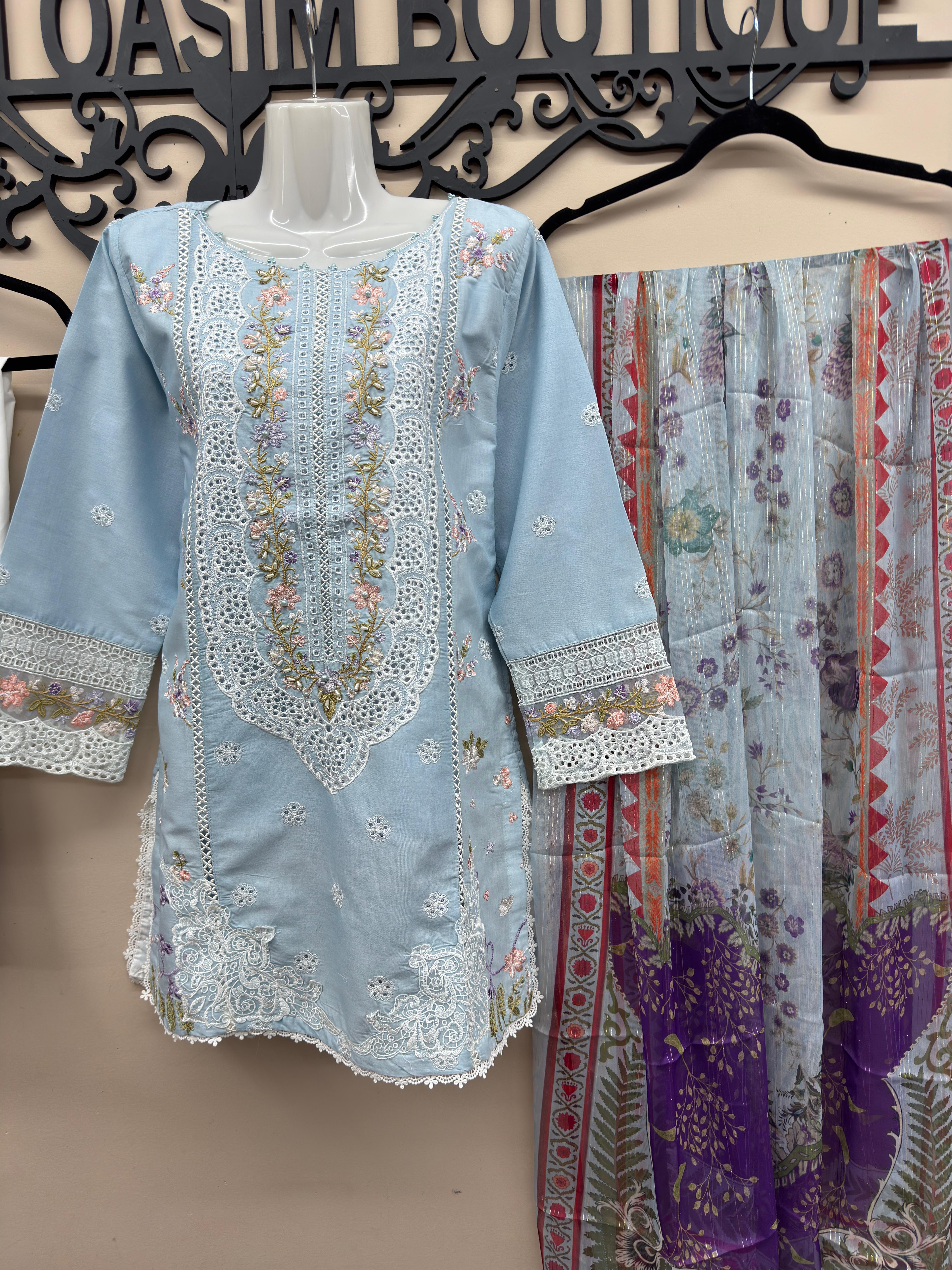 light blue embroidered cotton 3 piece Pakistani suit with embroidered shalwar and voile zari dupatta
