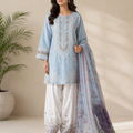 light blue embroidered cotton 3 piece Pakistani suit with embroidered shalwar and voile zari dupatta