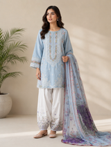 light blue embroidered cotton 3 piece Pakistani suit with embroidered shalwar and voile zari dupatta