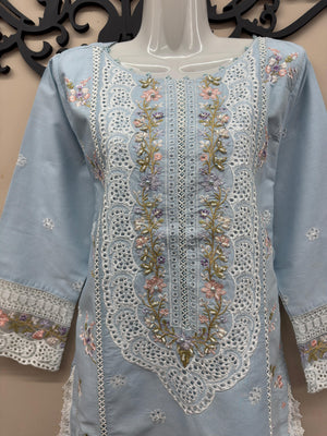 light blue embroidered cotton 3 piece Pakistani suit with embroidered shalwar and voile zari dupatta