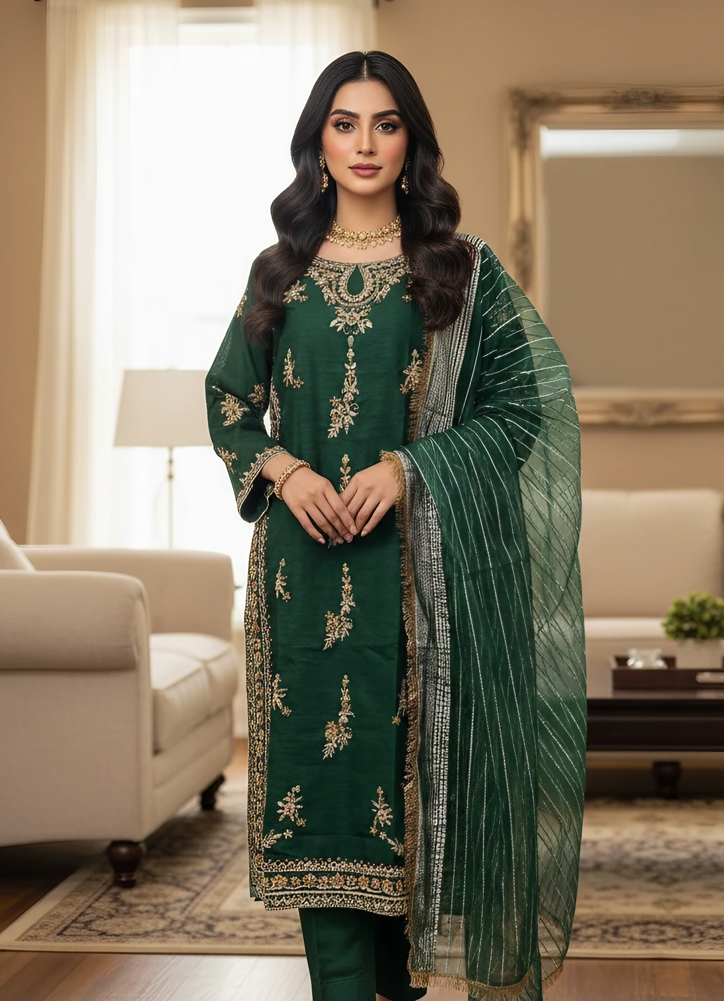 Luxury 3-Piece Katten Silk Outfit – Zari Handwork with Dupatta