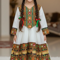 Girls White 3 Piece Afghani Dress – Chiffon Embroidered Suit with Net Dupatta