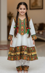 Girls White 3 Piece Afghani Dress – Chiffon Embroidered Suit with Net Dupatta