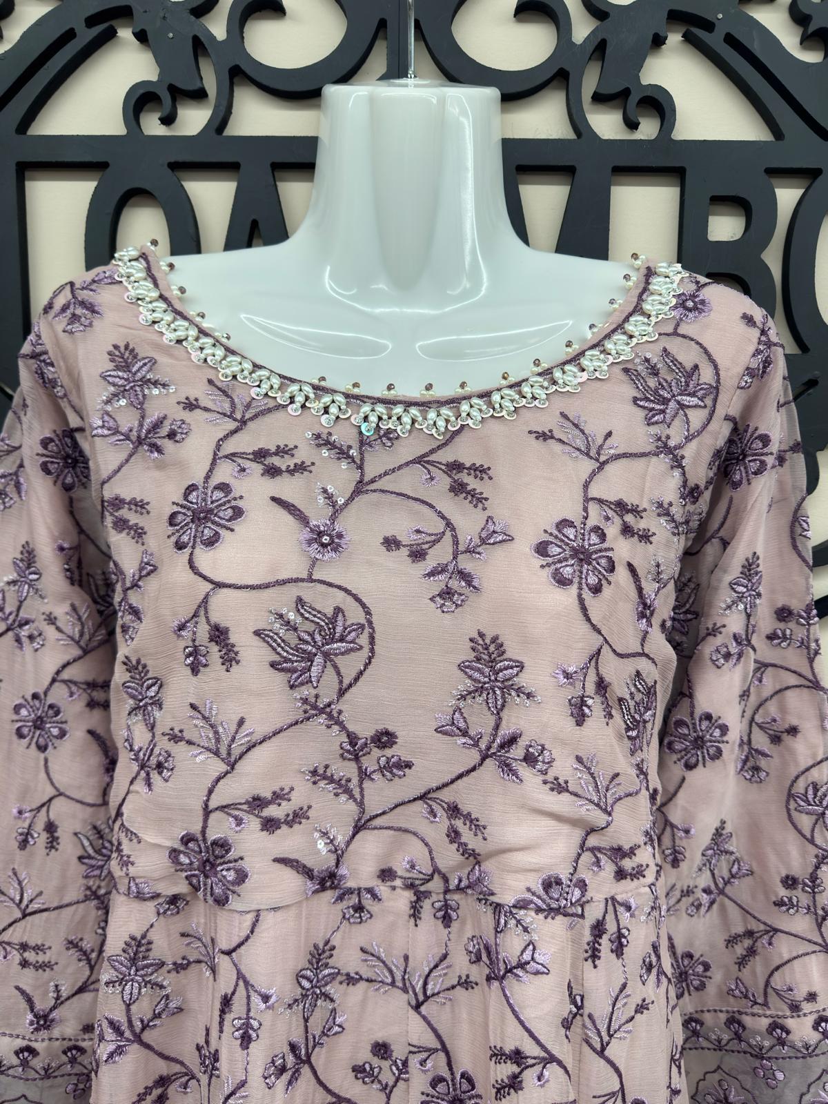 lilac chiffon embroidered maxi dress with chiffon dupatta and trousers