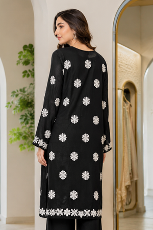 Premium black linen co-ord set with embroidered palazzo trousers by Maryam Qasim Boutique