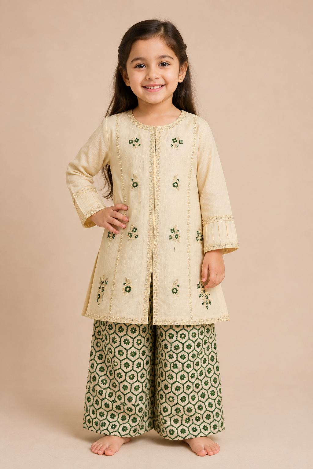 Baby Choice cream embroidered girls dobby lawn suit with green printed palazzo in Canada.