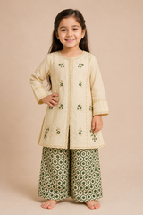 Baby Choice cream embroidered girls dobby lawn suit with green printed palazzo in Canada.