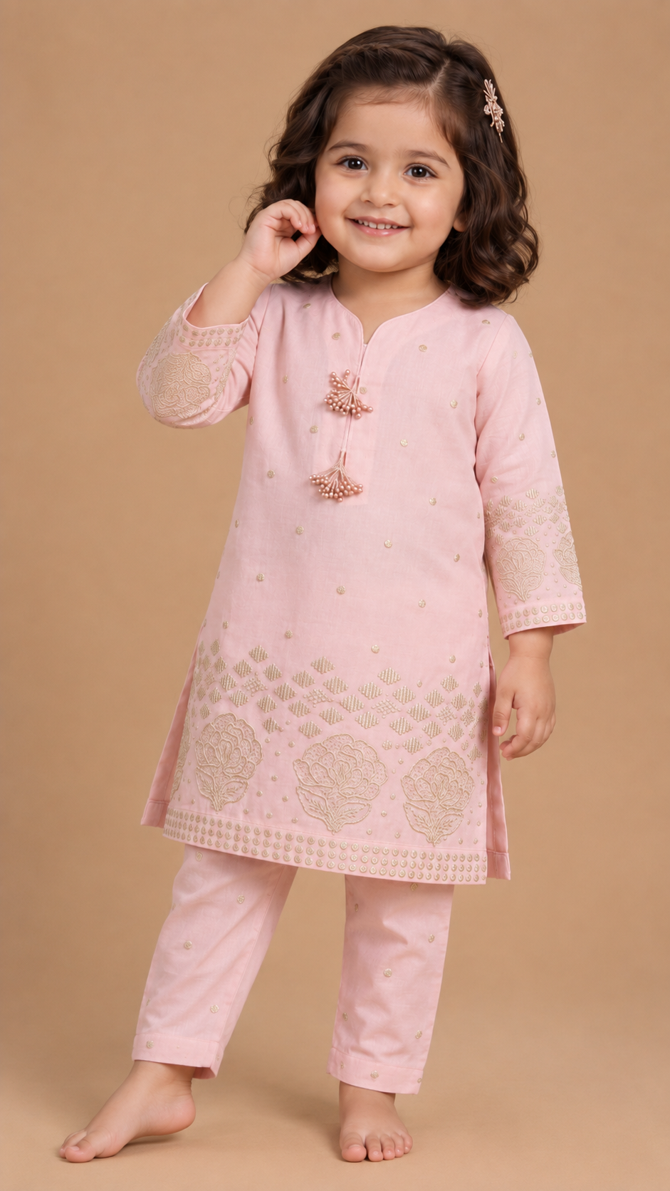 Baby Choice pink embossed glitter lawn embroidered girls 2 piece suit with matching embroidered trousers in Canada