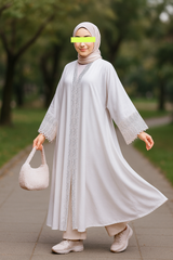 White Bead Embraided Free-Size Abaya  – Elegant Modest Wear