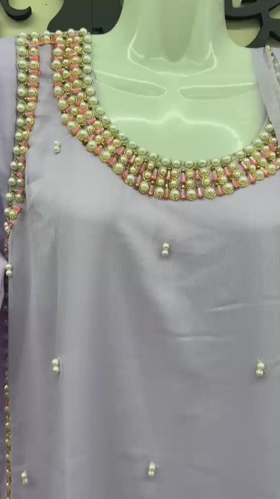 Lavender chiffon handwork Pakistani dress with chiffon dupatta and trousers
