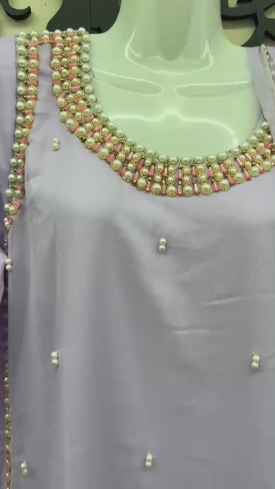 Lavender chiffon handwork Pakistani dress with chiffon dupatta and trousers