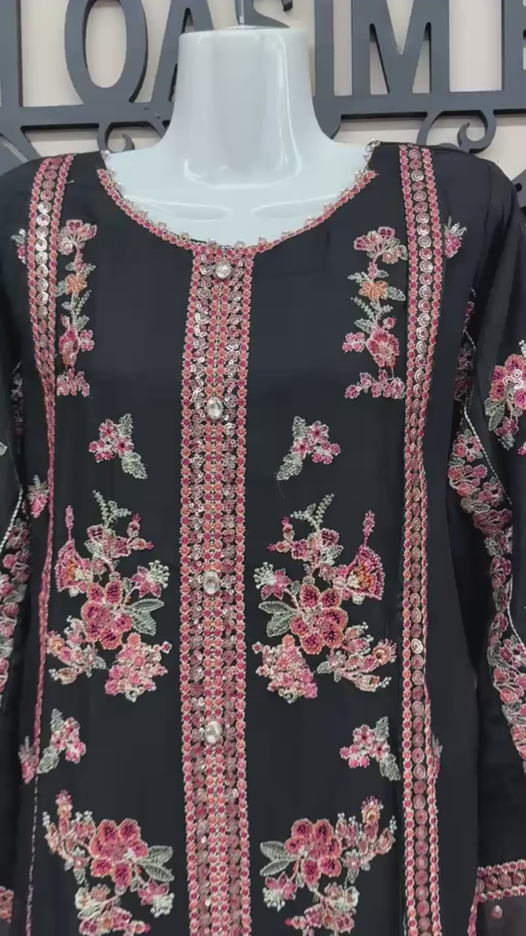 Black chiffon Pakistani Eid dress with embroidered sleeves