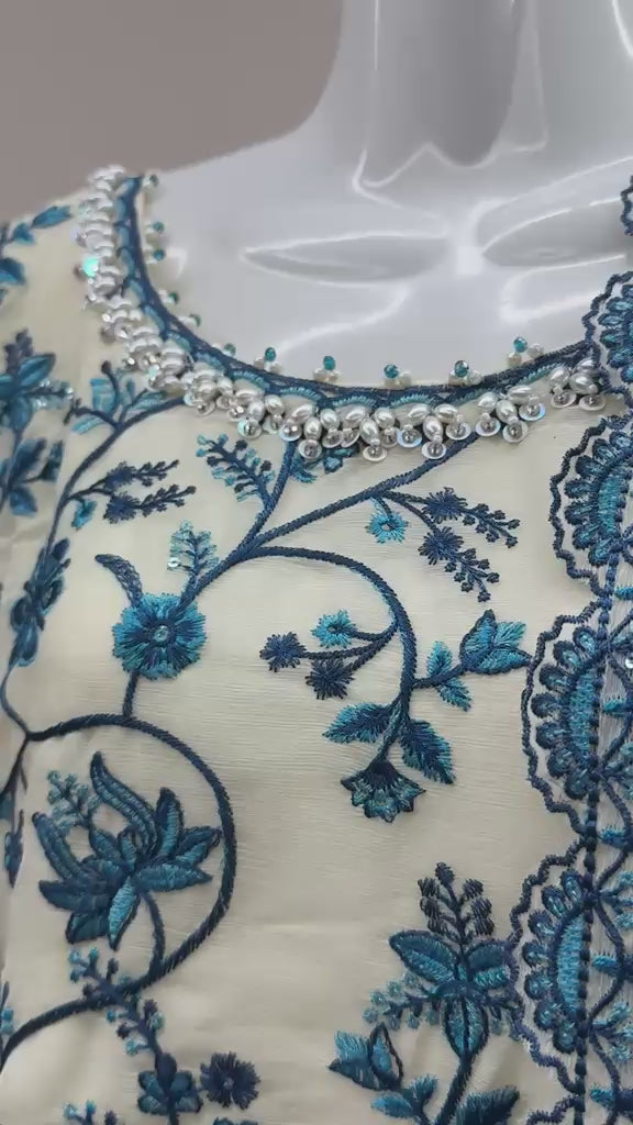 blue chiffon embroidered maxi dress with embroidered dupatta and trousers
