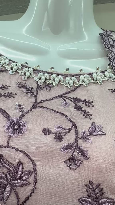 lilac chiffon embroidered maxi dress with chiffon dupatta and trousers